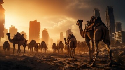 dramatic moment with a herd of camels making their way through a devastated city, surrounded by damaged high-rise structures, while the sun bathes the scene in warm light against a clear blue sky - obrazy, fototapety, plakaty