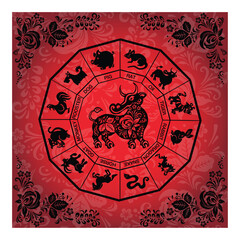 bull, buffalo, taurus card in red and black colors in ethnic Russian style, symbol of the year, vector illustration