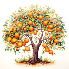 Watercolor painting of an orange tree on a white background.