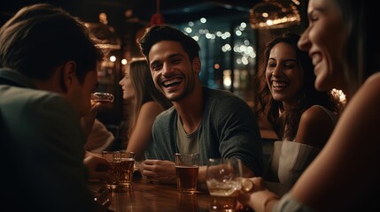 A boyfriend with a group celebrating in a bar with cocktails