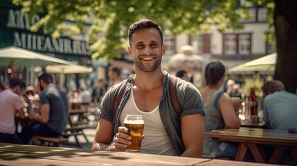 A boyfriend in a beer garden with spitting beer and snacks - obrazy, fototapety, plakaty