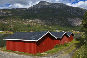 Fototapeta na wymiar Cottages at Morvisbukta in Nordland county, Norway, Europe 