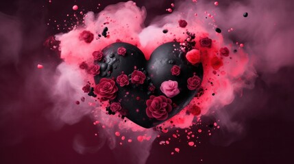 An abstract digital representation of a black heart surrounded by explosive pink splashes and smoke