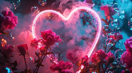 A vivid neon heart illuminated in mist with surrounding floating bubbles and lush flowers - Powered by Adobe