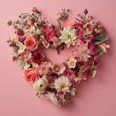 A heart-shaped composition of pink and white flowers, depicting love on a soft pink surface
