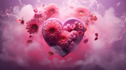 Ethereal purple heart and flowers amidst swirling smoke giving a dream-like quality