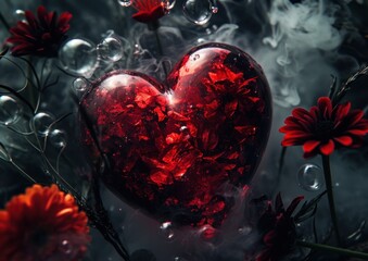 Intense red heart resembling a crystal surrounded by smoke and contrasting red flowers
