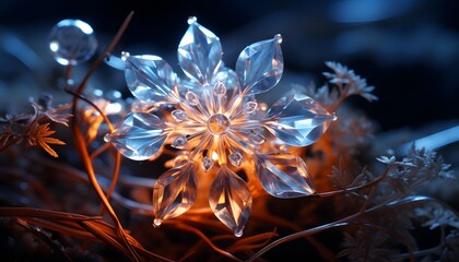 Close-up of crystal snowflakes on dark background. Christmas and New Year concept