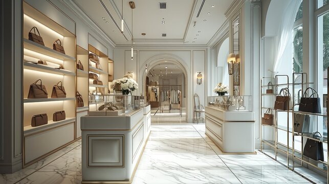 A luxurious and modern boutique interior for a high-end handbag brand. Generative AI.