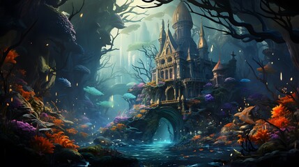 Illustration of a fairy tale castle in a dark forest by night - obrazy, fototapety, plakaty