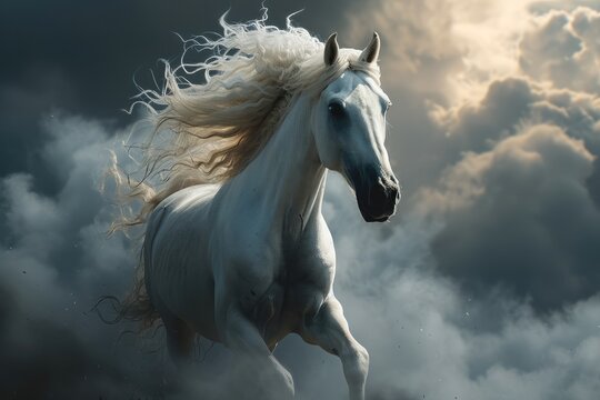 White horse bursting through clouds. Generative AI.