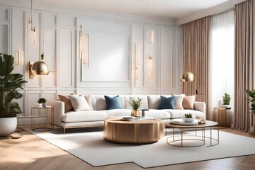 Naklejka na ściany i meble 3D rendering of a contemporary living room adorned with a crisp white sofa. The scene unfolds with meticulous details—a home desk tastefully integrated into the wall