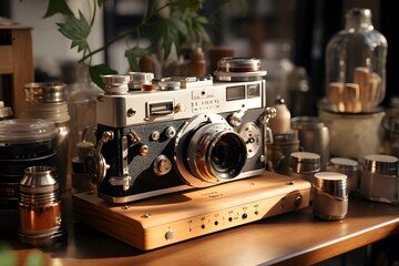 Vintage camera on a wooden table in a cafe. High quality photo - obrazy, fototapety, plakaty