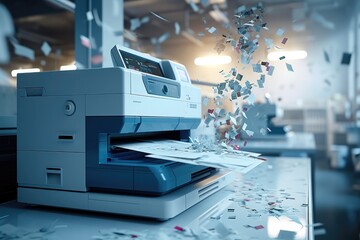 A high-tech office printer with paper sheets flying out. Generative AI. - obrazy, fototapety, plakaty