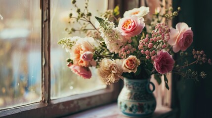 Bouquet of fresh flowers on windowsill