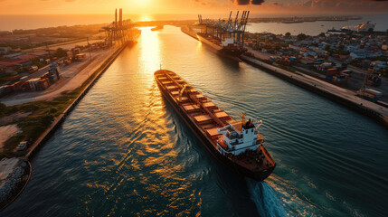 Logistics ship approaching the shipyard. Aerial high view. Generative AI.