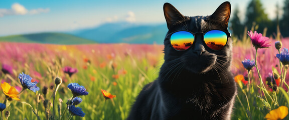 Cat wearing sunglasses in a sunny meadow