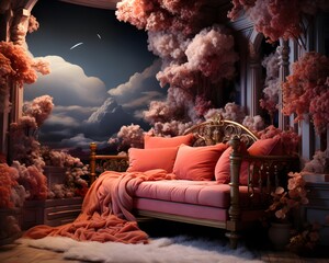Fantasy landscape with a sofa in the middle of the room.