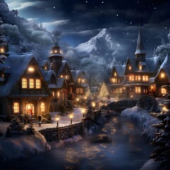 Digital painting of a winter fairy tale village at night with snow covered trees