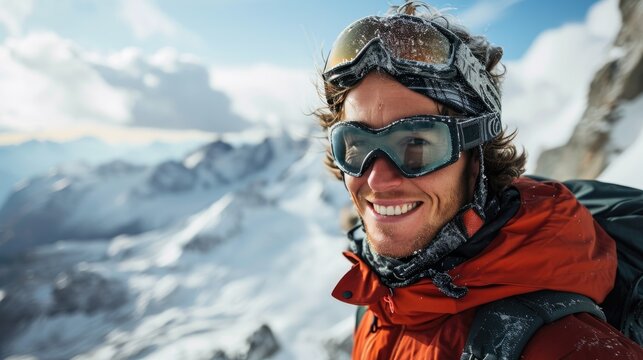 handsome man with Ski goggles, ski clothing and Ski helmet, selfie