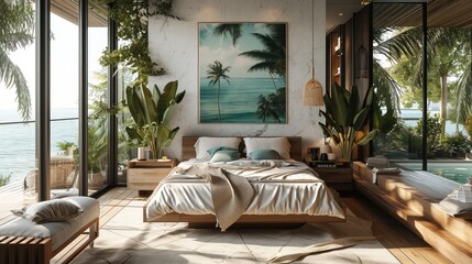 A bedroom with interior design by tropical beach modern style. Generative AI.