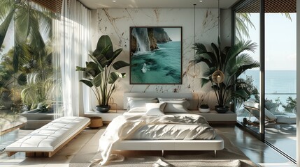 A bedroom with interior design by tropical beach modern style. Generative AI. - obrazy, fototapety, plakaty