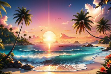 a colorful tropical sunset - obrazy, fototapety, plakaty