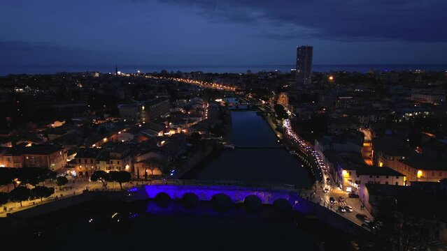 night aerial view of the city of Rimini during the Christmas period
