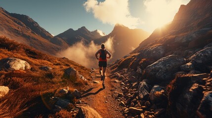 A trail runner conquering challenging mountain trails. Generative AI. - obrazy, fototapety, plakaty