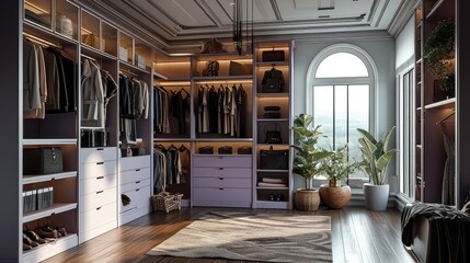 Minimalist interior design wardrobes come with built-in features like shoe racks. Generative AI. - obrazy, fototapety, plakaty