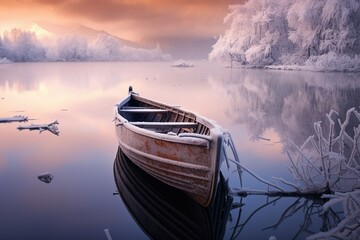 boat on the lake at sunset in winter