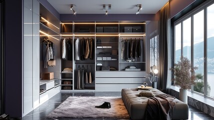 Minimalist interior design wardrobes come with built-in features like shoe racks. Generative AI. - obrazy, fototapety, plakaty