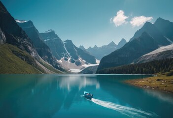 the glacier in the lake with a blue boat on the water