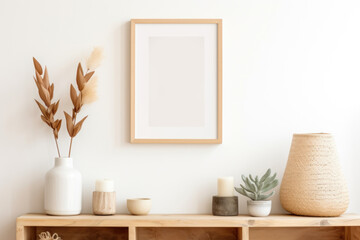 Poster mockup in modern living room interior. Frame mock up, blank artwork