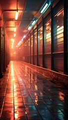 A long corridor in a modern office building at night. 3d rendering