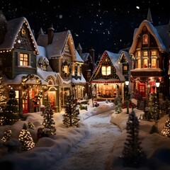 Christmas village at night. Christmas and New Year holidays background. Christmas trees and houses