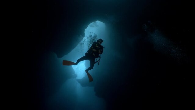 SCUBA Divers explore underwater cave