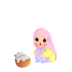 A little girl wearing a hijab sits and sees the cat