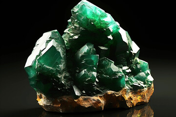 Atacamite is a rare precious natural stone on a black background. AI generated. Header banner mockup with space.