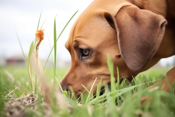 brown labrador digging in green grass