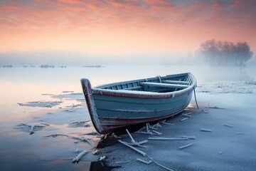 Naklejka na ściany i meble boat on the lake at sunset in winter
