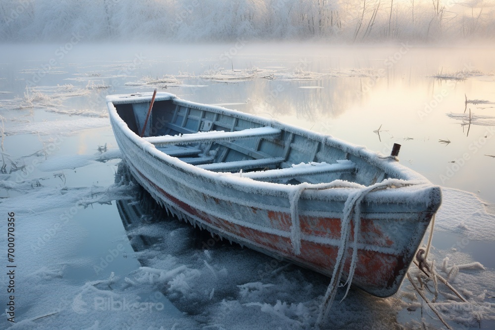 Wall mural boat on the lake at sunset in winter - Wall murals