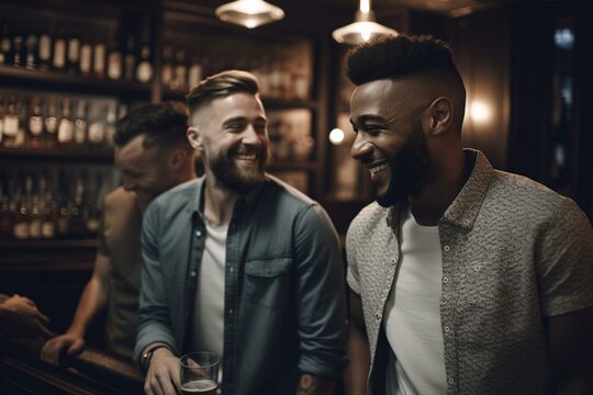 Male friends smiling while enjoying drinks in a crowded bar. Generative AI