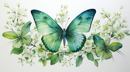 watercolour butterfly, shades of Green, white background
