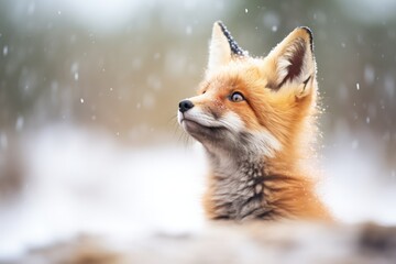 fox sitting with raised ears in snowfall