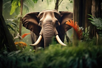 majestic tusker framed by dense jungle flora