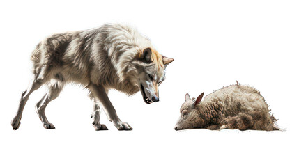Fototapeta premium Wolf hunting a sheep isolated on white created with Generative AI