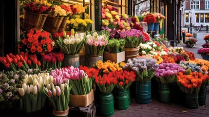 Flower market in Amsterdam, Netherlands. Blurred floral background.