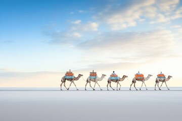 camel caravan crossing sand dunes at sunrise