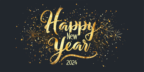 Happy New Year 2024 with calligraphic and brush painted with sparkles and glitter text effect. Vector illustration background for new year's eve and new year resolutions and happy wishes - obrazy, fototapety, plakaty